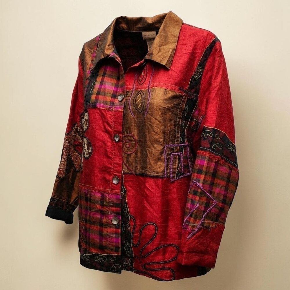 Choices Patchwork Daisy Silk Blend Jacket Womens 2X Brown Red Wearable Art Boho